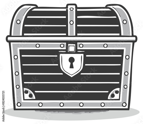 Illustration of a vintage closed treasure chest with metal accents and a keyhole, suitable for themed designs or project decorations