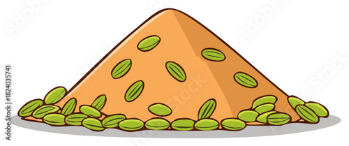 Mound of ground spice powder with whole green cardamom pods vector illustration
