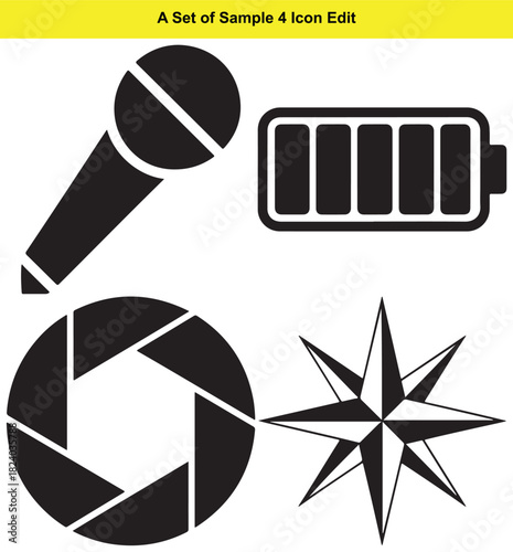 Black microphone battery diaphragm and compass rose icons vector