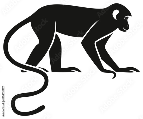Monkey Silhouette Vector Art Illustration of an Animal Primate with Long Tail Crawling or Crouching