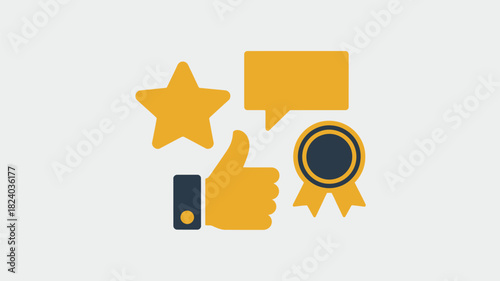 Illustration of a star, thumbs up, speech bubble, and award on a light gray background