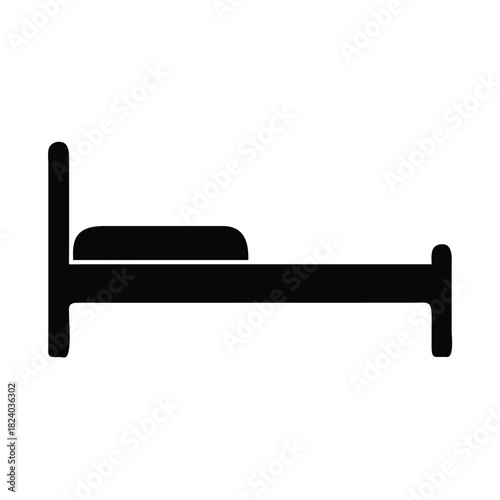 A simple black silhouette of a bed with a pillow is depicted against a white background.