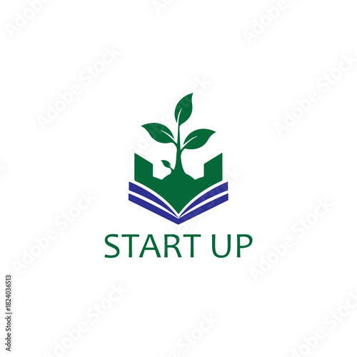 Startup growth concept logo featuring a vibrant green plant sprouting from an open book, symbolizing education, knowledge, and new beginnings, isolated on