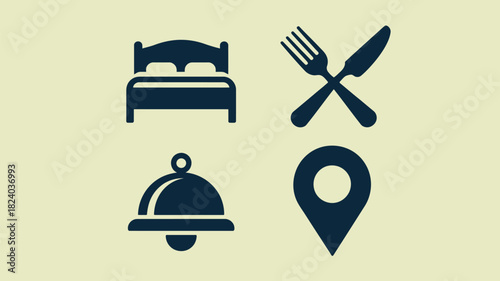 A graphic with a bed, crossed fork and knife, a bell, and a location pin on a light background shade