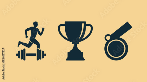 A graphic showing a runner over weights a trophy and a medal on a tan background in a simple style