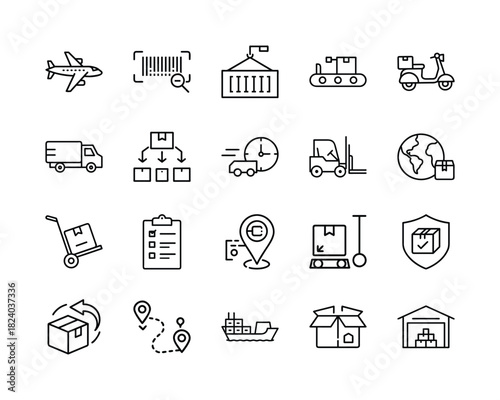 Logistics and delivery service line icons set. a comprehensive collection of symbols representing shipping, tracking, transportation, and supply chain management. Vector, illustration