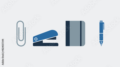 A flat lay illustration of a paperclip, stapler, notebook, and pen on a light gray background