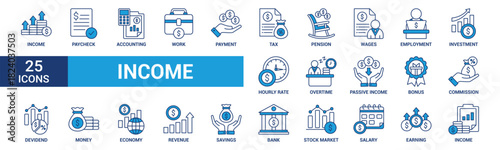Income icon set. Containing paycheck, accounting, work, payment, tax, pension, wages, employment, investment, overtime and more. Blue vector icons collection.
