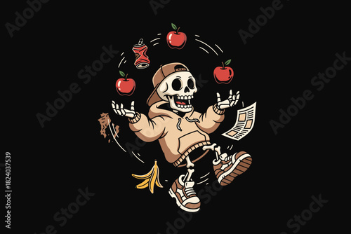 Skeleton Juggling Apples and Banana Peel in Casual Outfit.