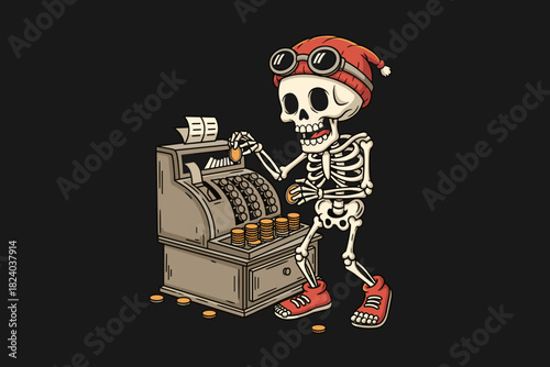 Skeleton operating a vintage cash register with coins.