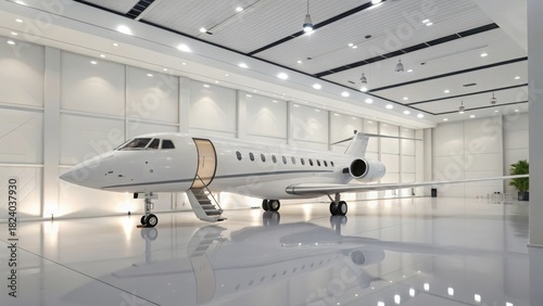 White luxury commercial jet displayed inside a clean bright hangar