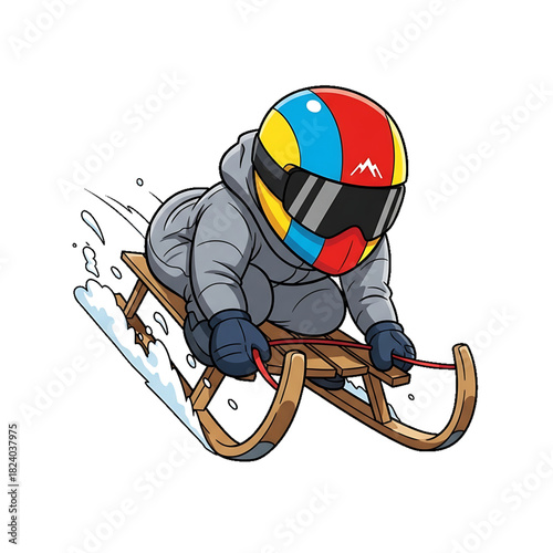 A snow sledder in winter gear speeding downhill with excitement.