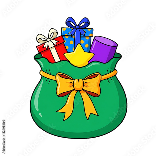 A green gift bag tied with a yellow bow and filled with presents.