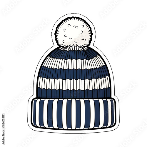 A striped knit winter hat with a fluffy pom pom on top.