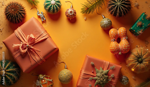 Desert themed Christmas flat lay with terracotta gifts