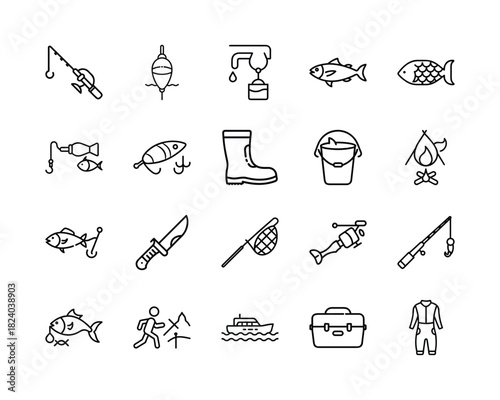 A collection of fishing and outdoor adventure line icons, including rods, reels, lures, fish, boats, tackle boxes, and camping gear for sport fishing graphics Vector, illustration