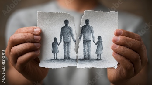 Hands holding a torn sketch of a family, depicting two adults and two children, symbolizing separation and emotional distress in relationships and family dynamics