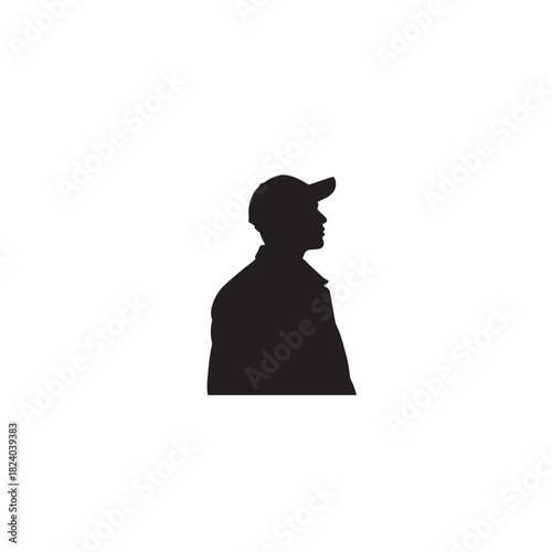 Silhouette of a man wearing a baseball cap, seen from the side, looking right, representing anonymity, identity, and the human form, isolated on