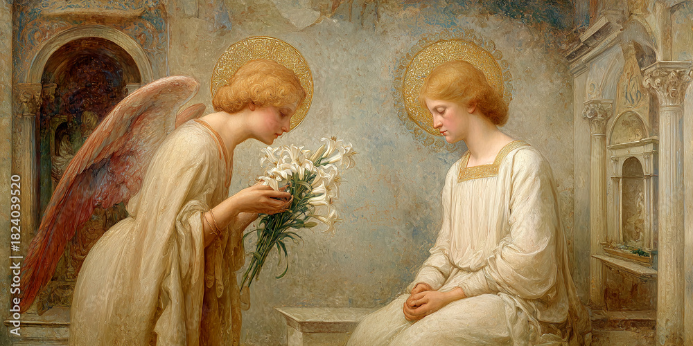 Obraz premium Annunciation scene in fresco style of the Archangel Gabriel presenting white lilies to the Virgin Mary, announcing that she will give birth to the son of God. Generative Ai.