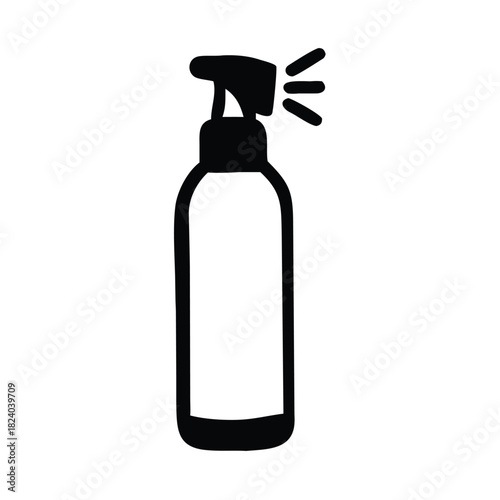 A black and white illustration of a spray bottle dispensing liquid.