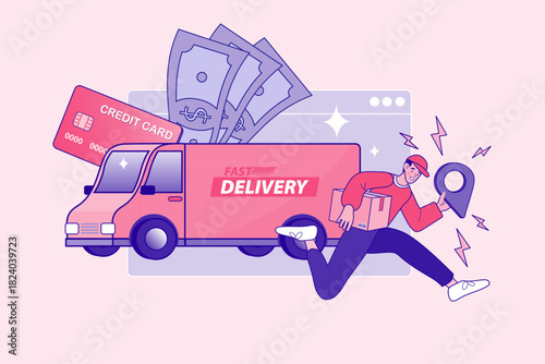 Delivery man running with package and location pin near truck. Concept of fast shipping service and cash on delivery payment. Vector illustration of logistics courier.