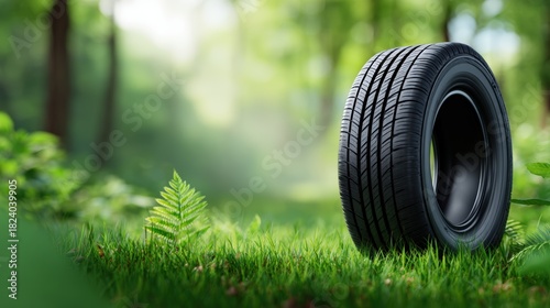Black rubber tire resting on lush green grass surrounded by soft foliage, symbolizing sustainability and eco-friendly transportation in a natural environment