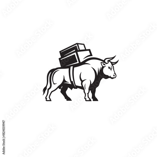 A powerful bull, rendered in a classic woodcut style, carries a stack of boxes on its back, symbolizing strength, reliable delivery, and robust logistics, isolated on