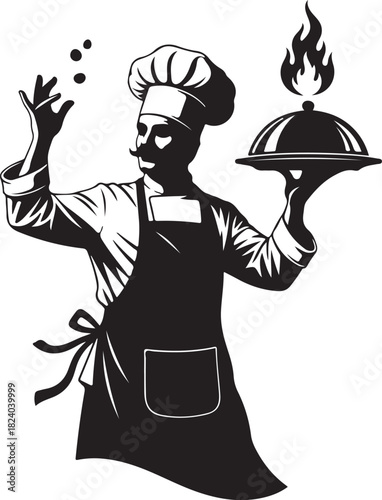 Chef with flaming cloche and seasoning