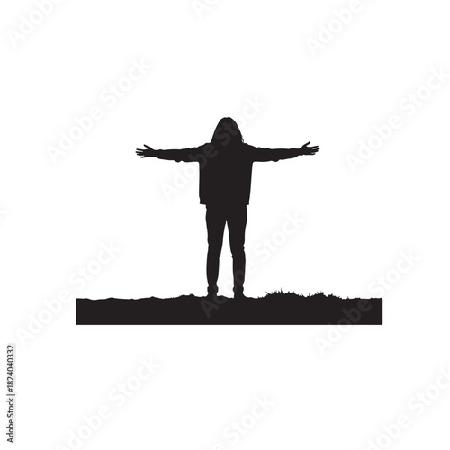 Silhouette of a person standing with arms outstretched, embracing freedom and nature, symbolizing hope, success, and open possibilities, isolated on