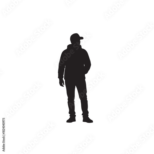 Dark silhouette of a man standing, wearing a casual jacket and a baseball cap, hands in pockets, isolated on a clean, symbolizing anonymity and human form