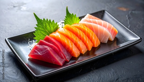 Surtido de sashimi fresco de salmón, atún y pescado blanco sobre plato negro gourmet