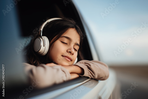 Mixed race teenage girl wearing white wireless headphones, eyes closed, looking out of car window, head resting on hands. She is relaxed and enjoying music or audiobook while traveling.
