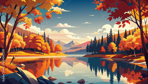 Very beautiful picturesque lake reflecting fiery autumn foliage, creating a stunning panoramic view of vibrant red, orange, and golden leaves, capturing the serene beauty of the leafy season in 