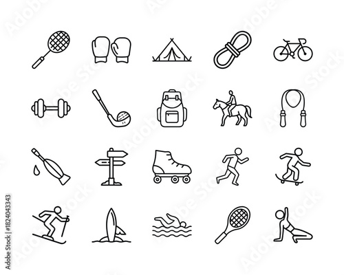 Diverse sport and activity line icons set showcasing fitness, outdoor adventures, leisure hobbies, and wellness equipment. perfect for lifestyle graphics. Vector, illustration
