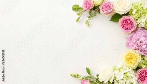 Floral arrangement with roses and hydrangeas on a white background