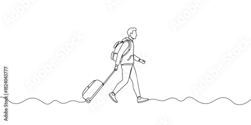 A single continuous line of a traveler with luggage, symbolizing mobility and international travel, vector illustrator