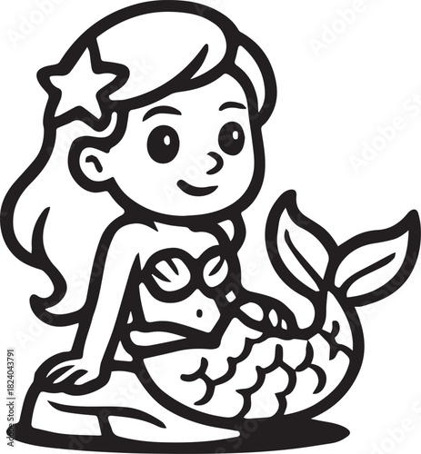 A charming illustration of a whimsical mermaid rests serenely on a rock, complete with long hair, a star, seashell bra, and a fishtail, captivating viewers with its gentle, fantasy aesthetic.