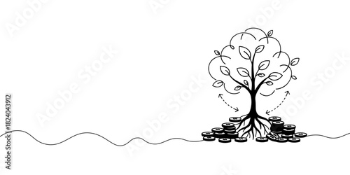 A single continuous line of a sustainable business model, represented by a tree growing from coins, vector illustrator