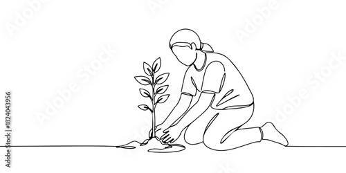 A single continuous line of a person planting trees, symbolizing nature conservation and sustainability, vector illustrator
