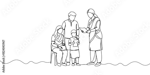 A single continuous line of a person helping a family access microfinance, symbolizing microfinance and financial inclusion, vector illustrator
