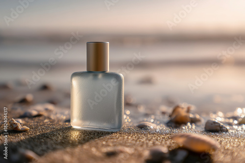 Mockup of a frosted glass perfume bottle with a golden cap stands on wet sand with seashells. The background is a blurry sea at sunset. Summer fragrance, natural beauty, beach vacation concept.