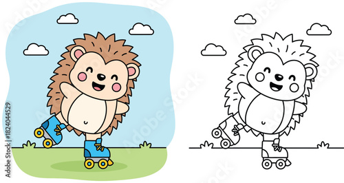 Cute cartoon hedgehog on roller skates coloring page for kids vector illustration. Funny animal character skating line art and colored version.