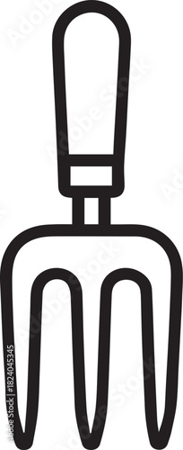 A minimalist graphic depicts a gardening fork, characterized by its straightforward design and the utilitarian nature of the tool.