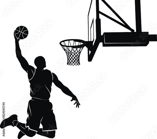 “Basketball player performing slam dunk, energetic action silhouette, clean modern vector sports design.