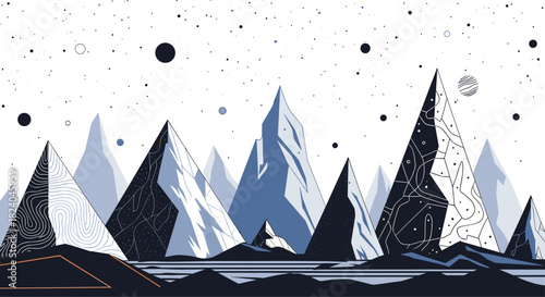 Stylized monochrome mountain landscape under a starry sky with planets featuring geometric patterns and line art details.
