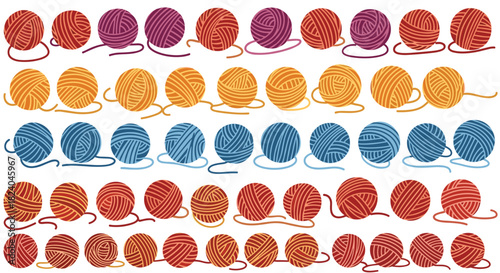 Colorful collection of various yarn balls arranged in neat rows perfect for knitting and crochet craft-themed design projects.