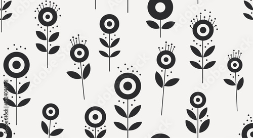 Seamless monochrome pattern of stylized folk art flowers with geometric shapes on a light neutral background for textiles.