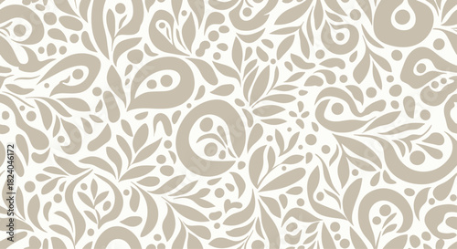 Elegant seamless floral pattern with abstract beige leaves swirls and dots creating a sophisticated damask-style texture.