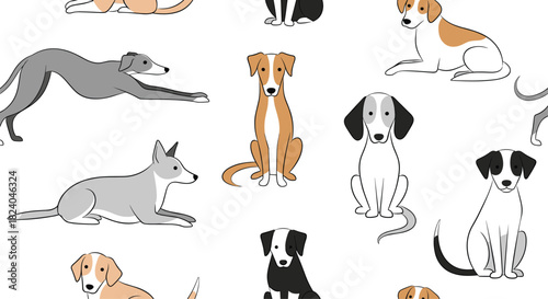 Seamless pattern featuring various sighthound dog breeds like greyhounds in different poses on a clean white background.