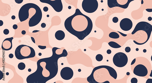 Abstract seamless camouflage pattern with fluid organic shapes and circles in a modern pink and navy blue color scheme.